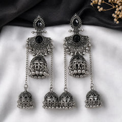 Oxidised Black Triple Jhumka Earrings