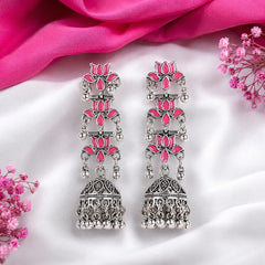 Silver Pink Lotus Jhumka Earrings