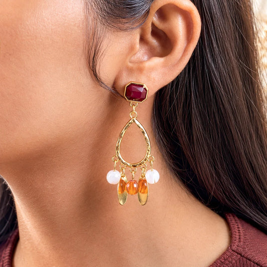 Golden Textured Beaded Drop Earrings