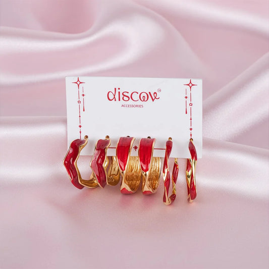 Set Of 3 Golden Red Hoops Earring Combo