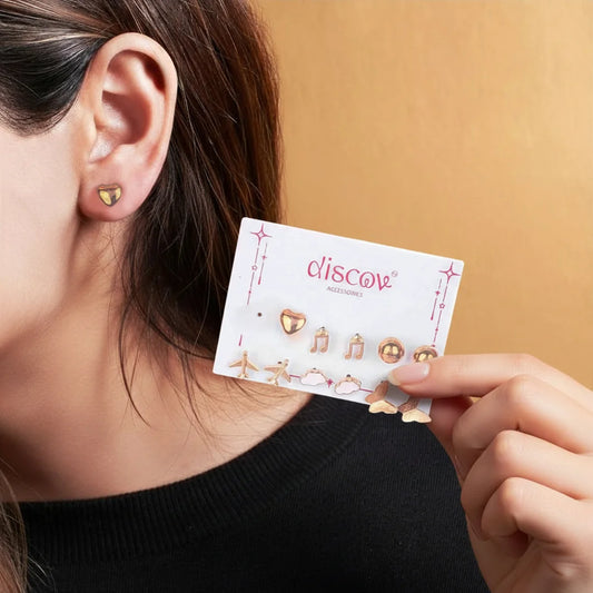 Set of 6 Playful Golden Mini Stud Earrings