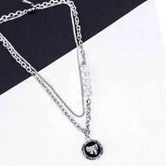 Chic Black Bow And Pearl Layered Necklace - Rhodium Plated