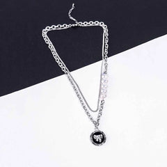 Chic Black Bow And Pearl Layered Necklace - Rhodium Plated