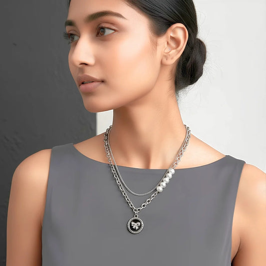 Chic Black Bow And Pearl Layered Necklace - Rhodium Plated