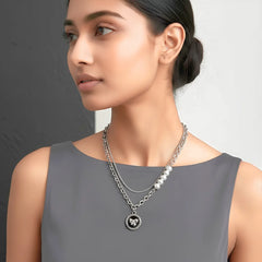 Chic Black Bow And Pearl Layered Necklace - Rhodium Plated