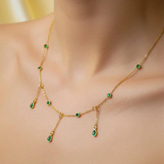 Studded Green Gems Dainty Necklace - 18K Gold Plated