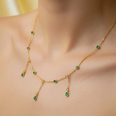 Studded Green Gems Dainty Necklace - 18K Gold Plated