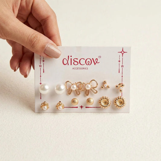 Set of 6 Golden Pearl Bow And Bloom Studs