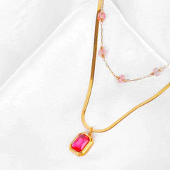 Crystal Pink Layered Necklace - 18K Gold Plated