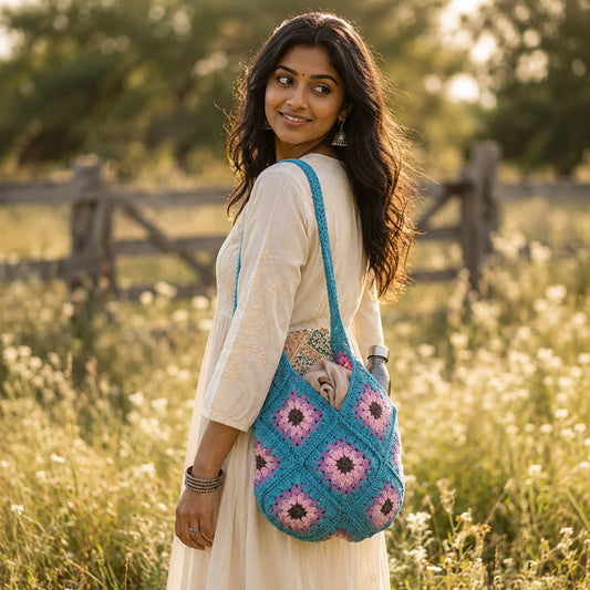 Boho Teal Lavender Crochet Bag