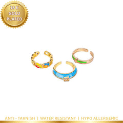 Pack of 3 Colourful Enamel Rings - 18K Gold Plated