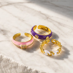 Pack of 3 Statement Sparkle Enamel Rings - 18K Gold Plated