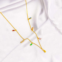 Colourful Rectangular Crystal Gems Necklace - 18K Gold Plated