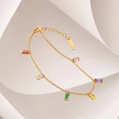 Colourful Crystal Rectangular Gems Bracelet - 18K Gold Plated
