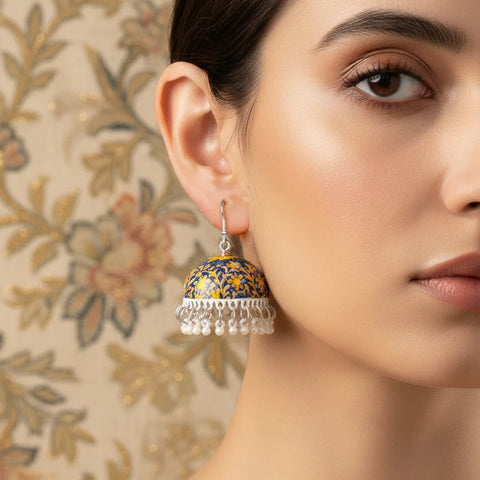 Blue Gold Muse Pearl Meenakari Jhumka