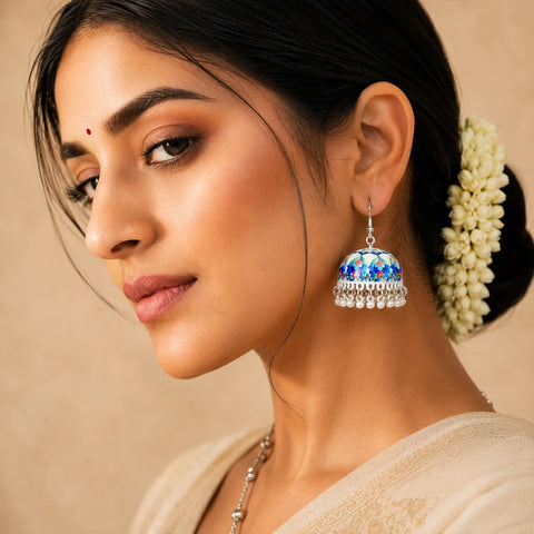 Blue Petal Meenakari Bell Jhumka