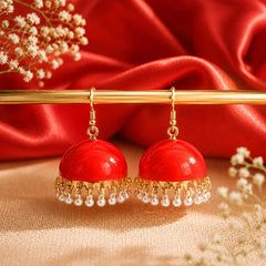Gulnaar Red Pearl Bell Meenakari Jhumka