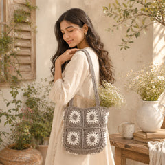 Taupe White Daisy Crochet Tote