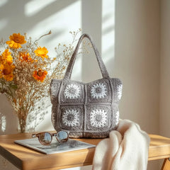 Taupe White Daisy Crochet Tote