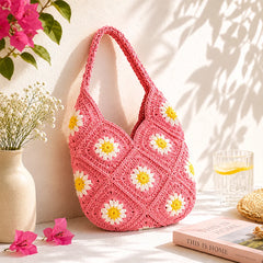 Pink Daisy Crochet Tote