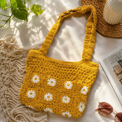 Mustard Yellow Daisy Crochet Tote Bag