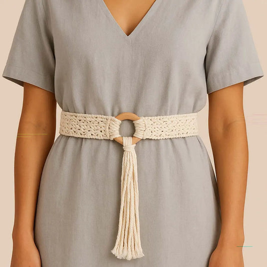 Macrame White Wooden Buckle Belt