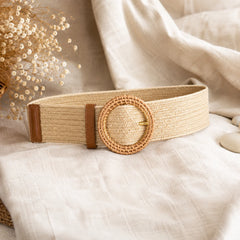 Raffia Tan Woven Round Buckle Belt