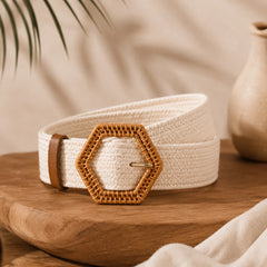 Braided Cream Raffia Hexagonal Buckle Belt