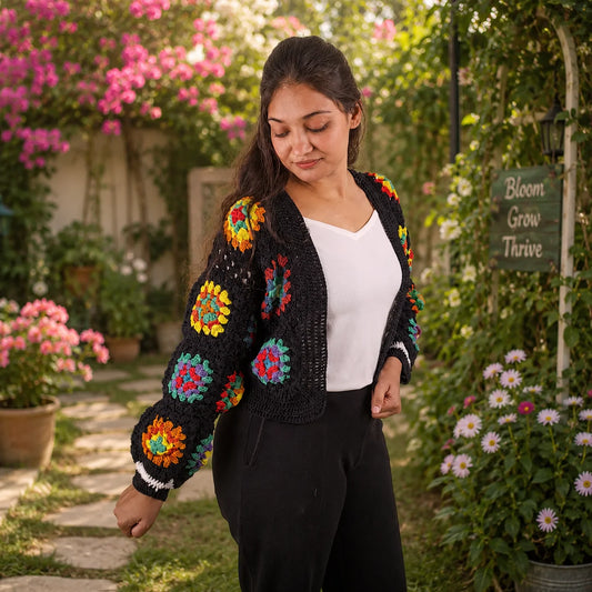 Vibrant Black Floral Crochet Cardigan