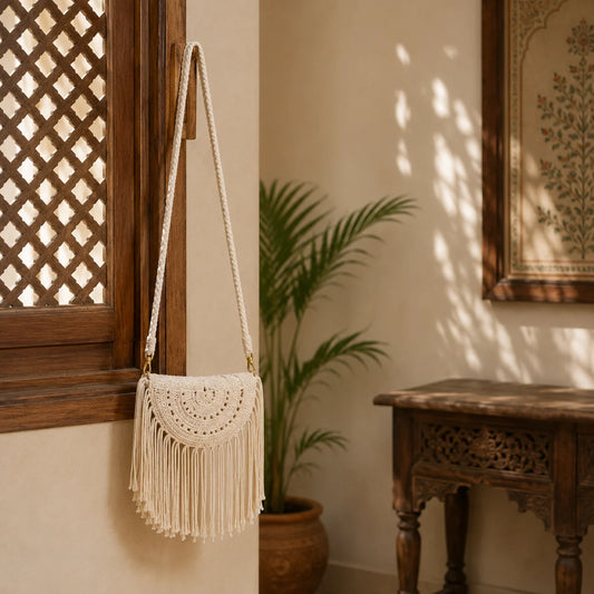 Macrame Long Tassel Half Moon Sling Bag