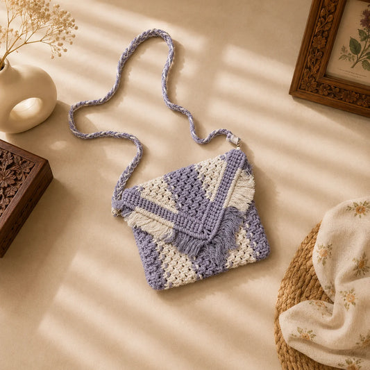 Macrame Blue N White Sling Bag