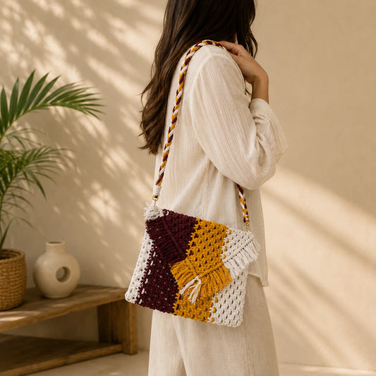 Macrame Brown N Yellow Sling Bag
