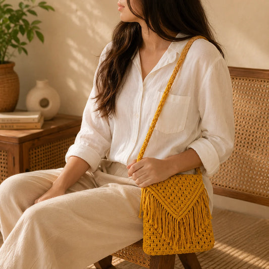 Yellow Macrame Tassel Sling Bag