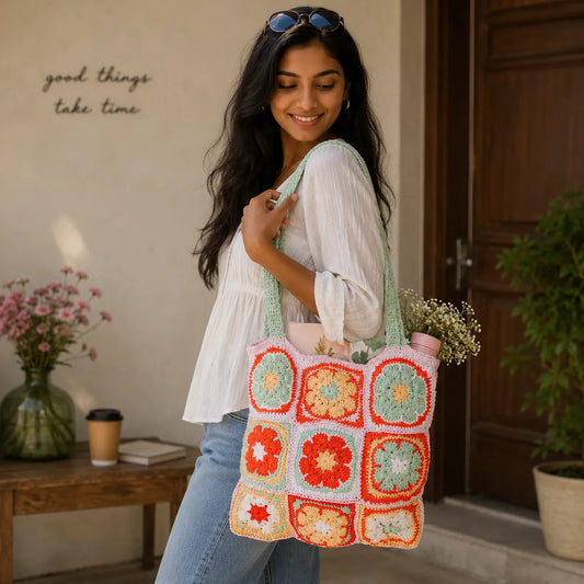 Floral Rustic Crochet Tote Bag
