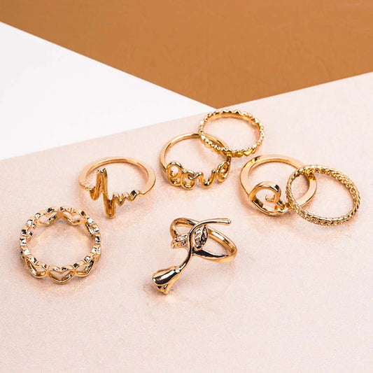 Pack of 7 Golden Hearts And Love Rings Combo