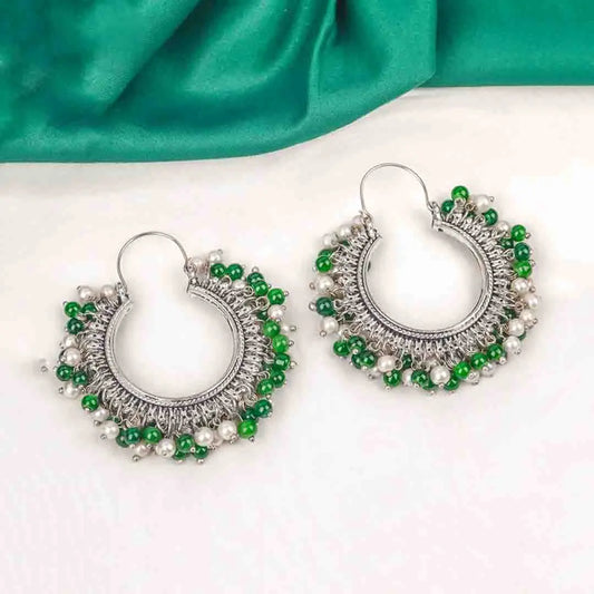 Silver Tone Moti Oxidised Hoop Earrings