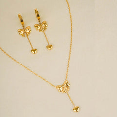 Gold Bow Tassel Chain Heart Jewellery Set