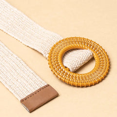 Woven Raffia Cream Circular Buckle Belt