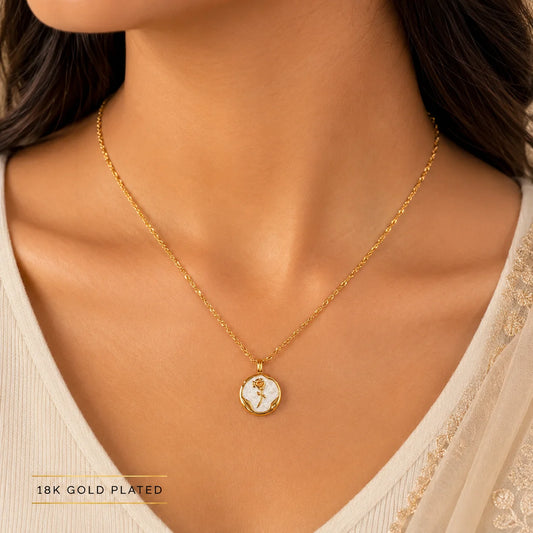 Engraved Rose Shimmer Chain Pendant Necklace - 18K Gold Plated