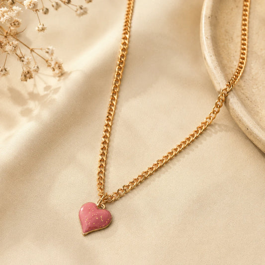 Gold Tone Shimmery Heart Chain Necklace