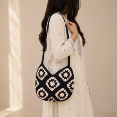 Ivory Noir Crochet Shoulder Bag