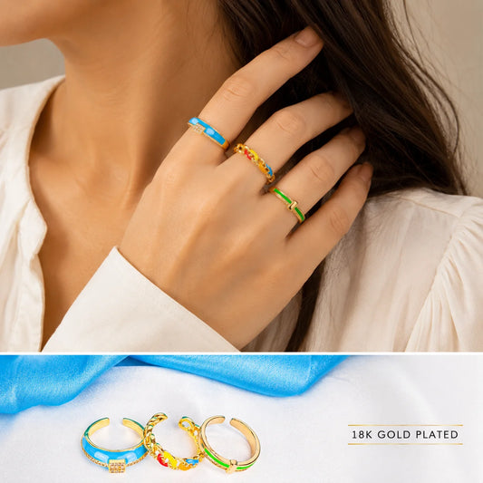 Pack of 3 Colourful Enamel Rings - 18K Gold Plated