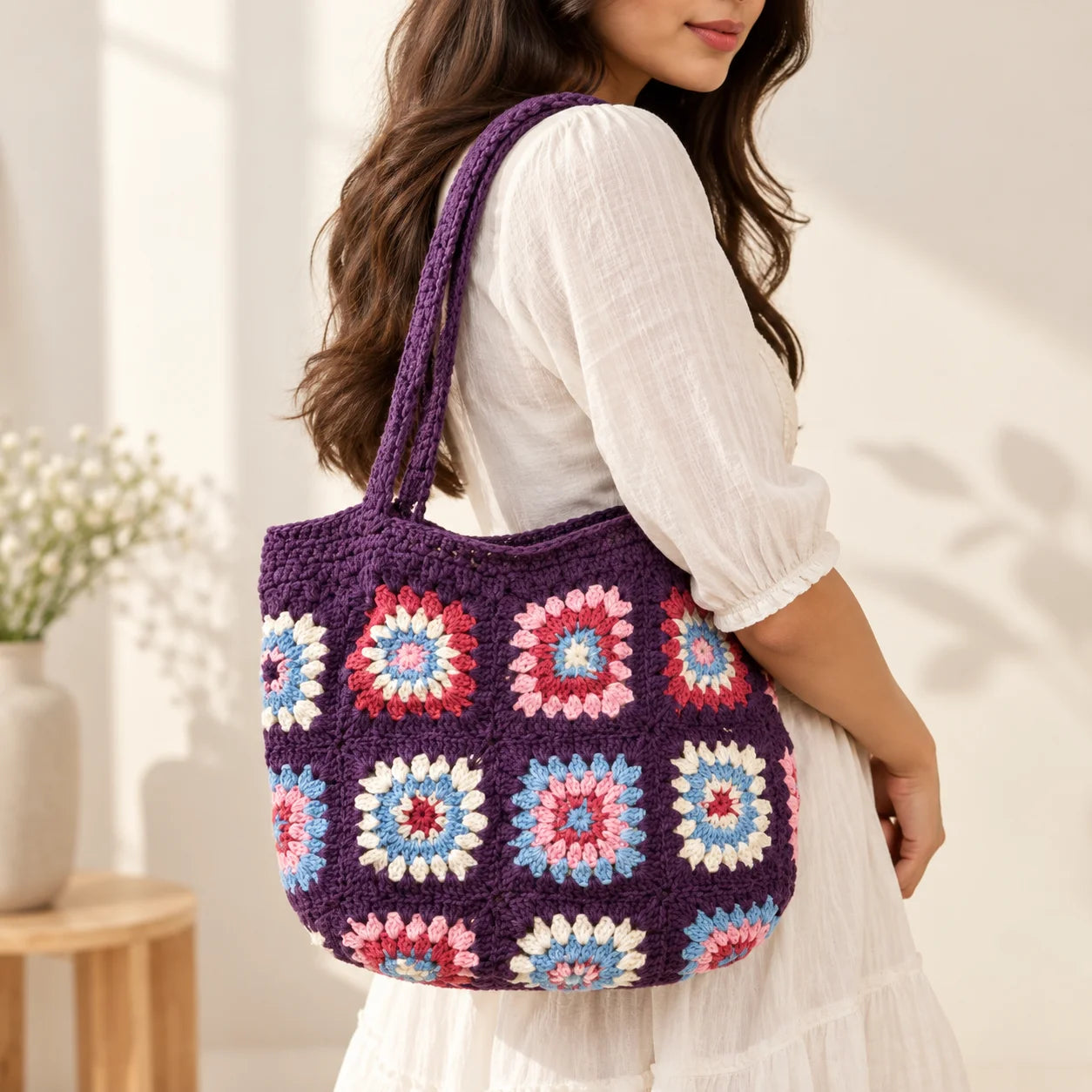 "Violet crochet shoulder
bag featuring colourful floral granny-square patterns in pink, red, blue, and white, with an intricate textured design and a matching crochet strap."