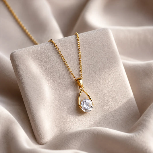 Solitaire Teardrop Pendant Necklace- 18K Gold Plated