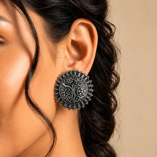 Oxidised Black Round Floral Stud Earrings