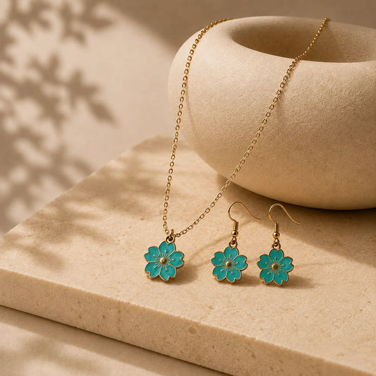 Western gold turquoise flower necklace and earrings set. Matching enamel flower pendant and dangle earrings. Feminine jewelry for women.