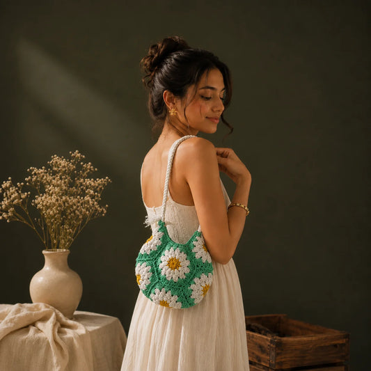 Olive Floral Small Crochet Hand Bag
