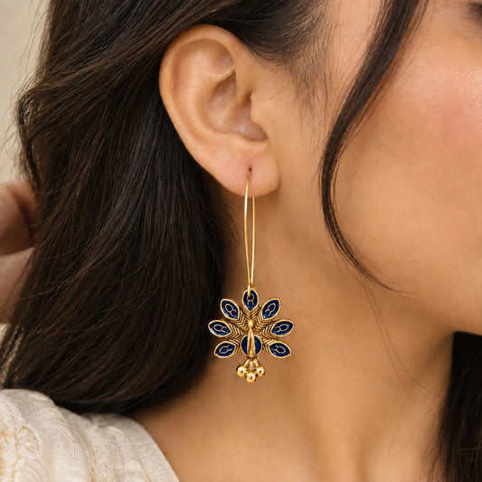 Navy Blue Peacock Hoop Earrings with intricate gold tone detailing and small dangling bead charms.