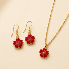 Red Flower Necklace & Earrings Set