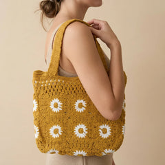 Mustard Yellow Daisy Crochet Tote Bag